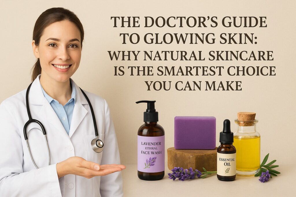 image with some 'skincare products, like lavende face wash and essential oils, and with the title