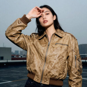 young female model in distressed tan bomber leather