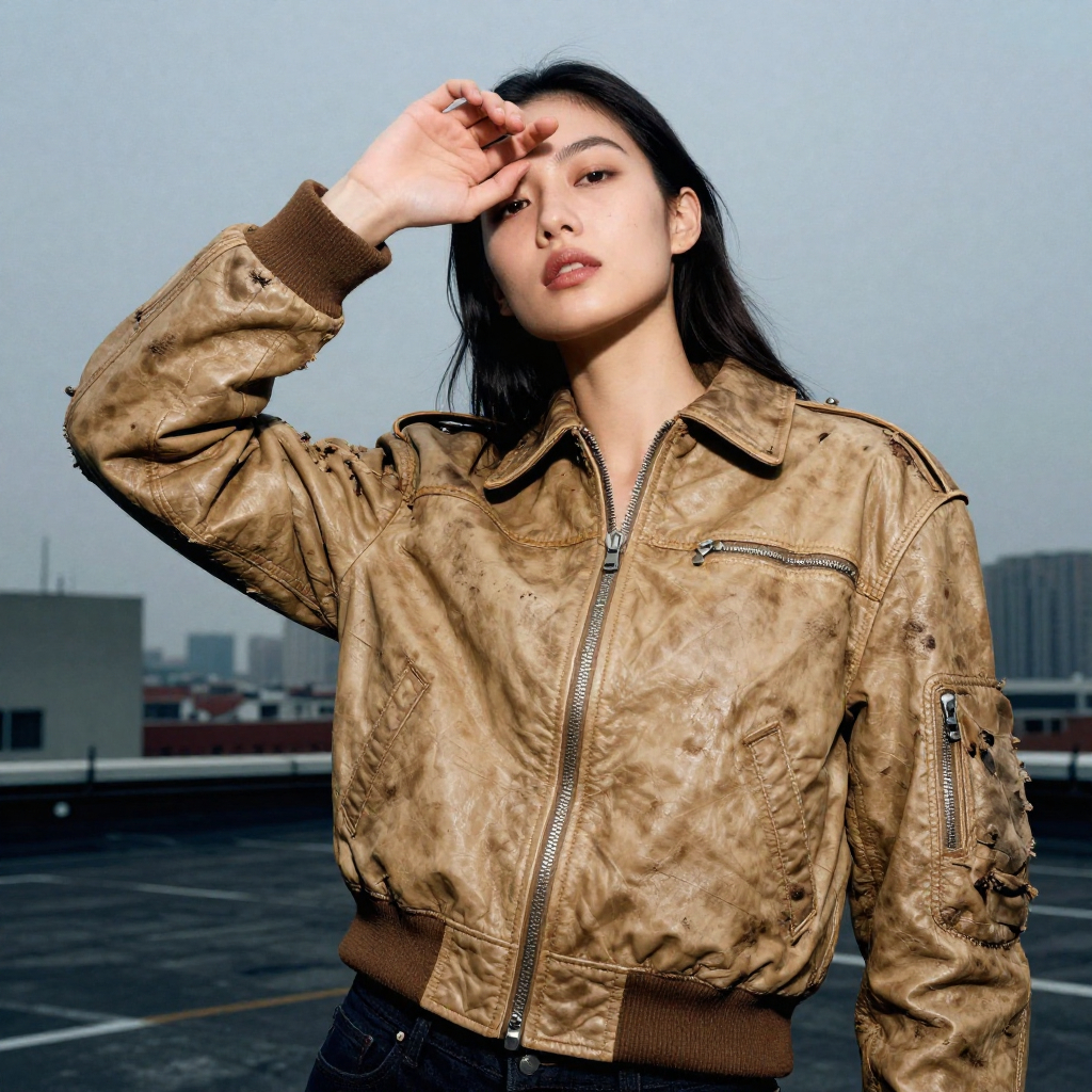 young female model in distressed tan bomber leather